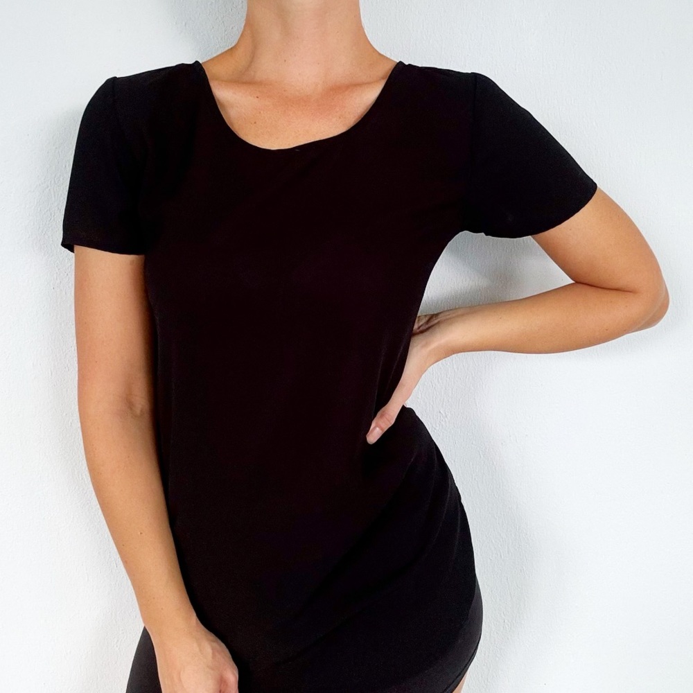 Japna black semi-sheer chiffon lightweight short sleeve zipper blouse size small